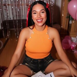 Orange Sleeveless Knit Top with Button Accents